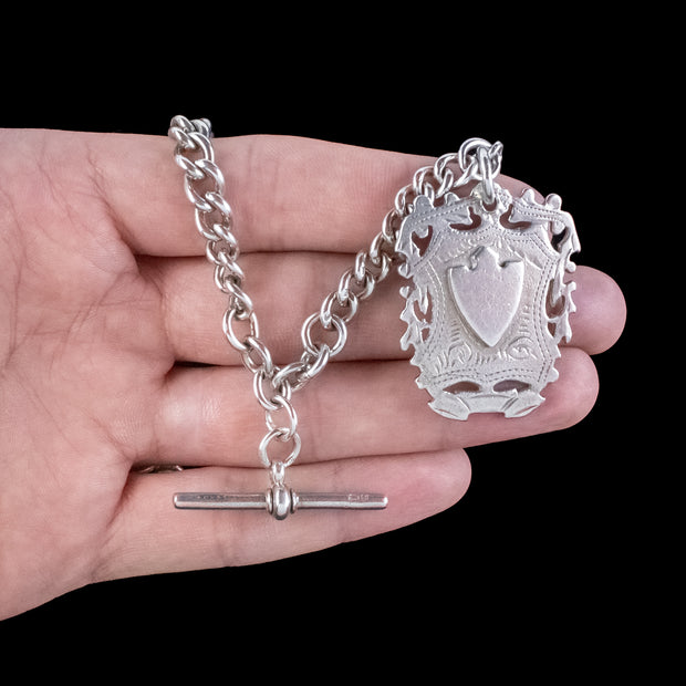 Antique Edwardian Albert Chain With Medallion Sterling Silver Dated 1912