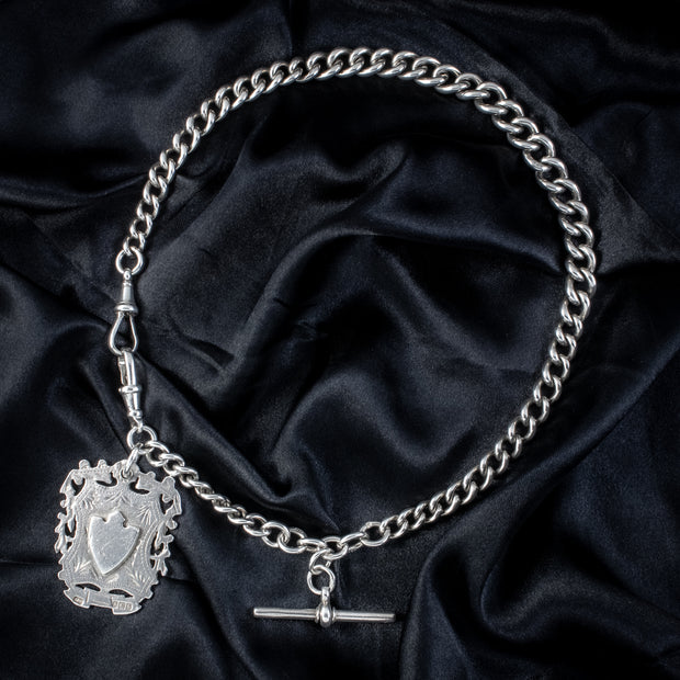 Antique Edwardian Albert Chain With Medallion Sterling Silver Dated 1912