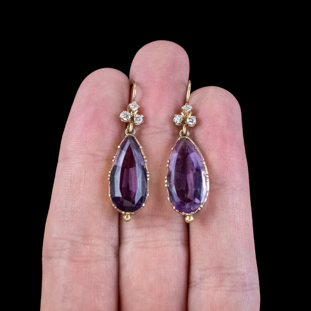 Antique Edwardian Amethyst Diamond Drop Earrings 7ct Amethysts 