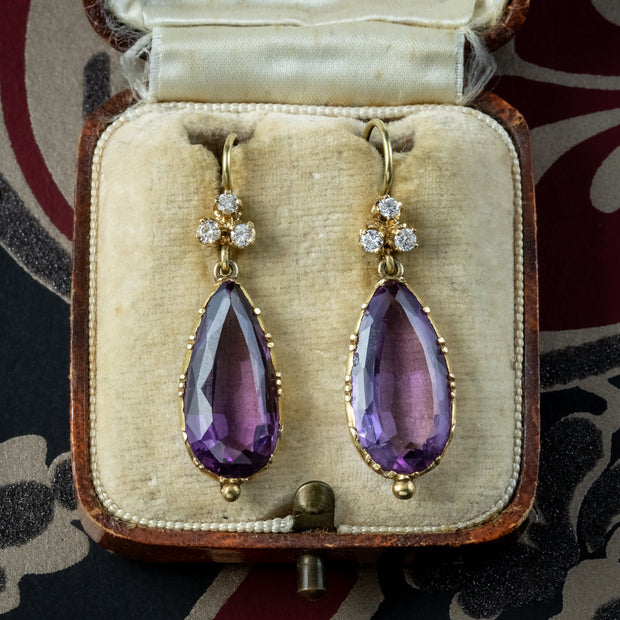 Antique Edwardian Amethyst Diamond Drop Earrings 7ct Amethysts 