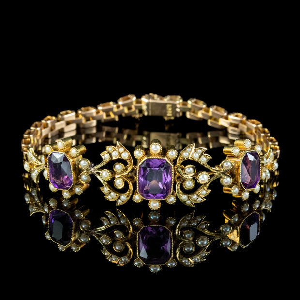 Antique Edwardian Amethyst Pearl Bracelet 15ct Gold