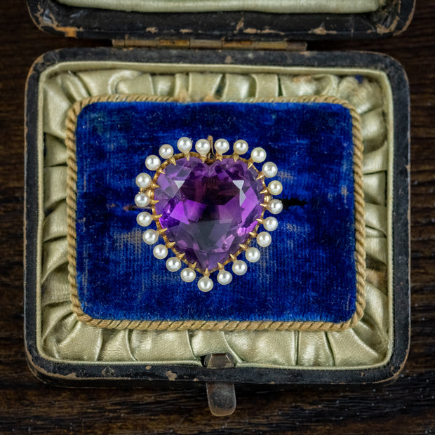 Antique Edwardian Amethyst Pearl Heart Brooch 15ct Amethyst Circa 1905