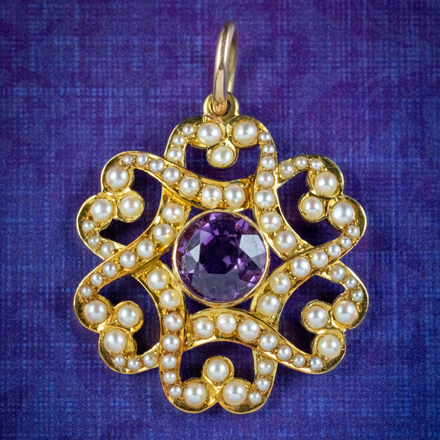 Antique Edwardian Amethyst Pearl Pendant 15ct Gold Circa 1905 Boxed cover