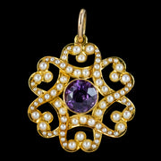 Antique Edwardian Amethyst Pearl Pendant 15ct Gold Circa 1905 Boxed front