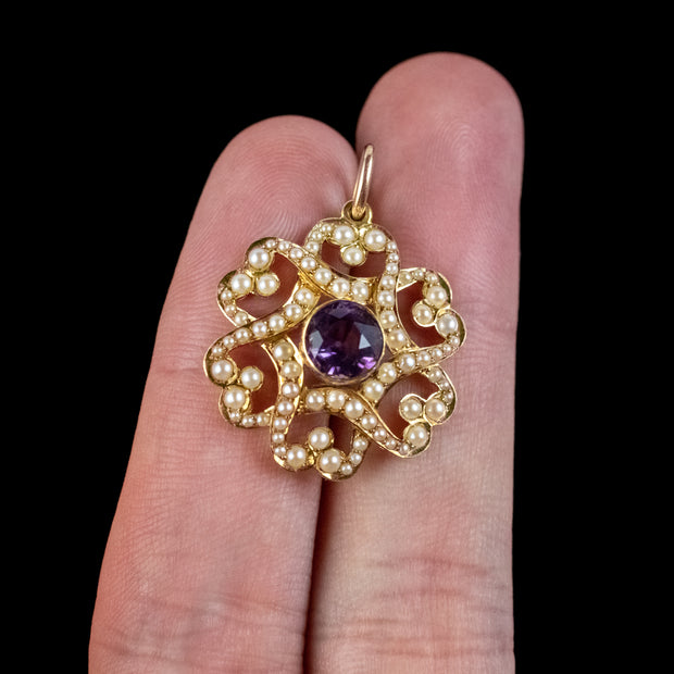 Antique Edwardian Amethyst Pearl Pendant 15ct Gold Circa 1905 Boxed hand