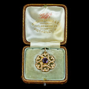 Antique Edwardian Amethyst Pearl Pendant 15ct Gold Circa 1905 Boxed box2