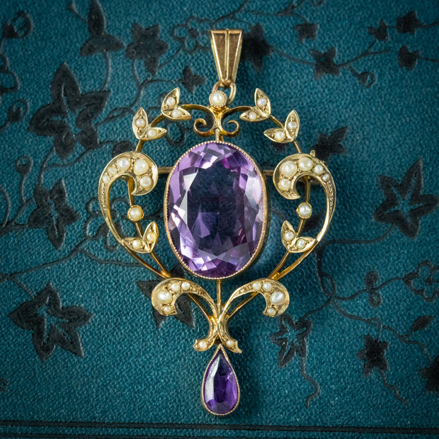 Antique Edwardian Amethyst Pearl Pendant 9ct Gold Circa 1910