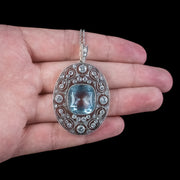 Antique Edwardian Aquamarine Diamond Pendant Necklace 17ct Aqua