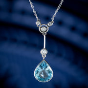 Antique Edwardian Aquamarine Diamond Lavaliere Necklace 5ct Aqua With Box
