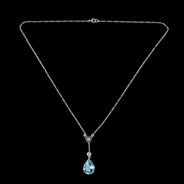 Antique Edwardian Aquamarine Diamond Lavaliere Necklace 5ct Aqua With Box