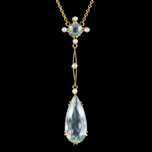 Antique Edwardian Aquamarine Pearl Lavaliere Necklace 15ct Gold Circa 1905