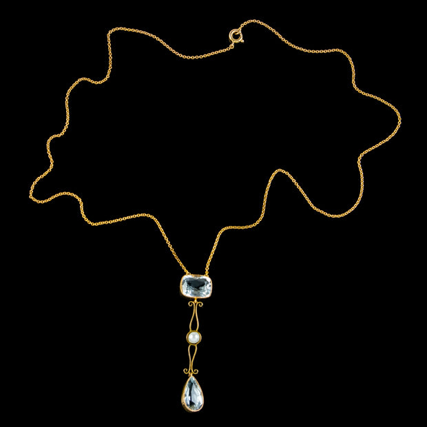 Antique Edwardian Aquamarine Pearl Lavaliere Necklace 15ct Gold Circa 1915
