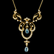 Antique Edwardian Aquamarine Pearl Lavaliere Necklace 15ct Gold