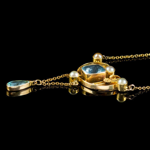 Antique Edwardian Aquamarine Pearl Lavaliere Necklace 15ct Gold 