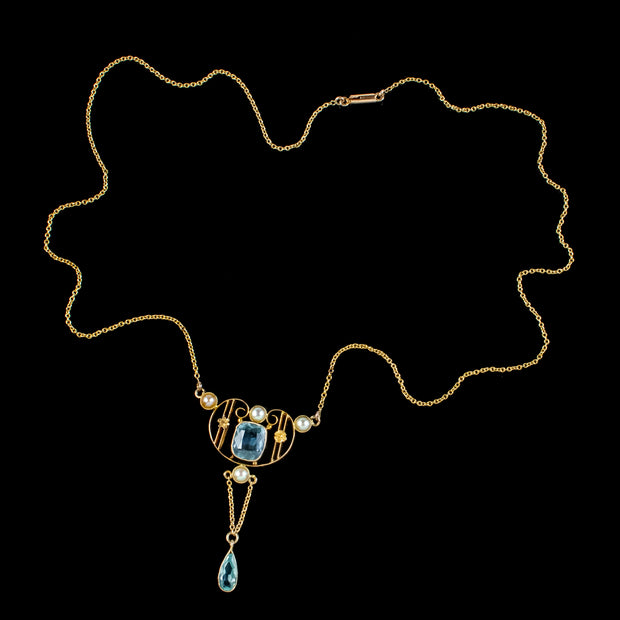 Antique Edwardian Aquamarine Pearl Lavaliere Necklace 15ct Gold 