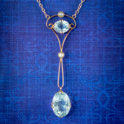 Antique Edwardian Aquamarine Pearl Lavaliere Necklace 9ct Gold 4.30ct Of Aqua Circa 1905