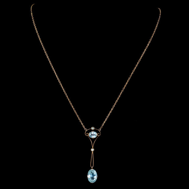 Antique Edwardian Aquamarine Pearl Lavaliere Necklace 9ct Gold 4.30ct Of Aqua Circa 1905