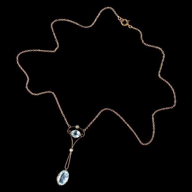 Antique Edwardian Aquamarine Pearl Lavaliere Necklace 9ct Gold 4.30ct Of Aqua Circa 1905
