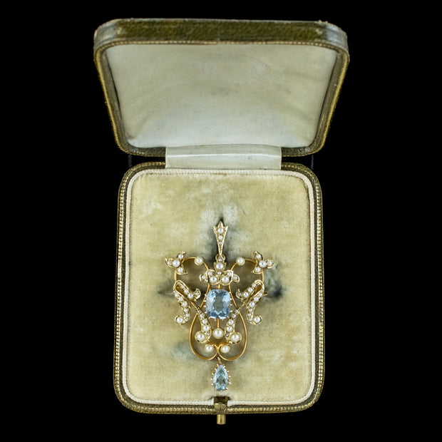 Antique Edwardian Aquamarine Pearl Pendant Brooch 15ct Gold With Box