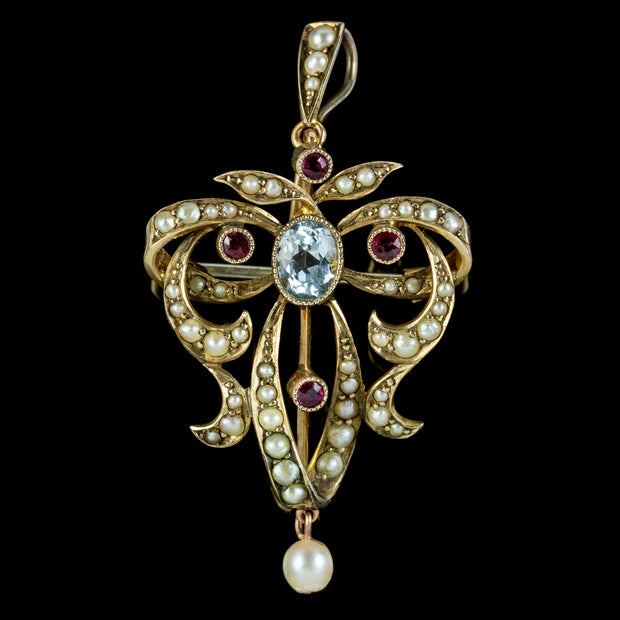 Antique Edwardian Aquamarine Pearl Ruby Pendant 9ct Gold Circa 1901