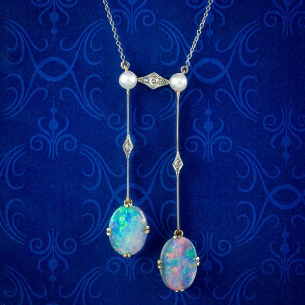 Antique Edwardian Black Opal Diamond Pearl Negligee Necklace 