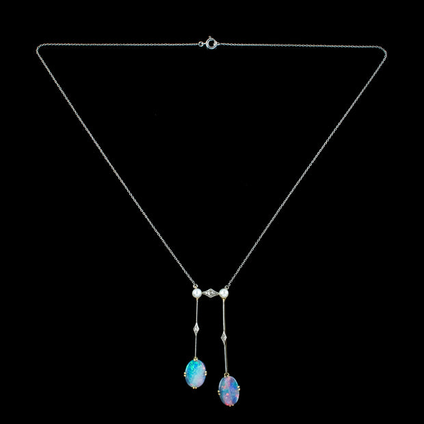 Antique Edwardian Black Opal Diamond Pearl Negligee Necklace 