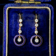 Antique Edwardian Blue Enamel Diamond Drop Earrings 18ct Gold With Box 