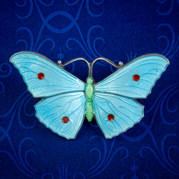 Antique Edwardian Blue Guilloche Enamel Butterfly Brooch 