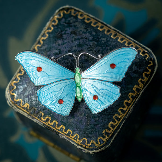 Antique Edwardian Blue Guilloche Enamel Butterfly Brooch 
