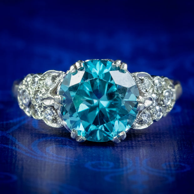Antique Edwardian Blue Zircon Diamond Ring 3.6ct Zircon