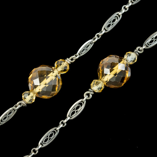 Antique Edwardian Citrine Bead Necklace Silver Chain