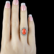 Antique Edwardian Coral Diamond Cluster Ring 
