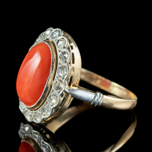 Antique Edwardian Coral Diamond Cluster Ring 