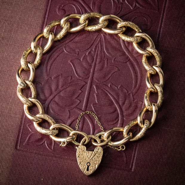 Antique Edwardian Curb Bracelet 9ct Gold With Padlock Dated 1902