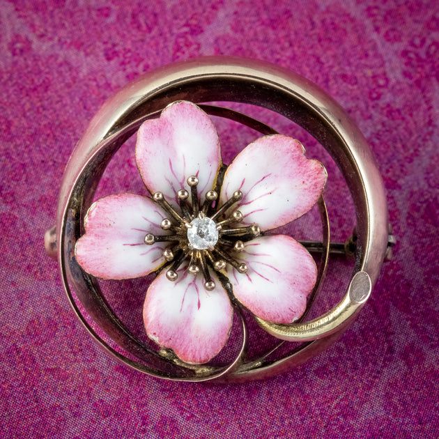 Broche Antique Française En Or 18k émaillée Feuilles Fleurs - Style Victorien - Occasion