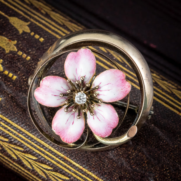 Antique Edwardian Diamond Enamel Flower Brooch 9ct Gold