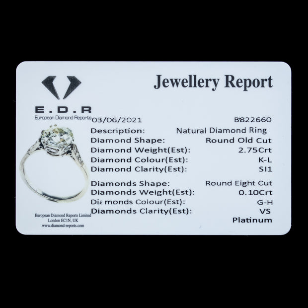 Antique Edwardian Diamond Solitaire Ring 2.75ct Diamond Circa 1910 Cert