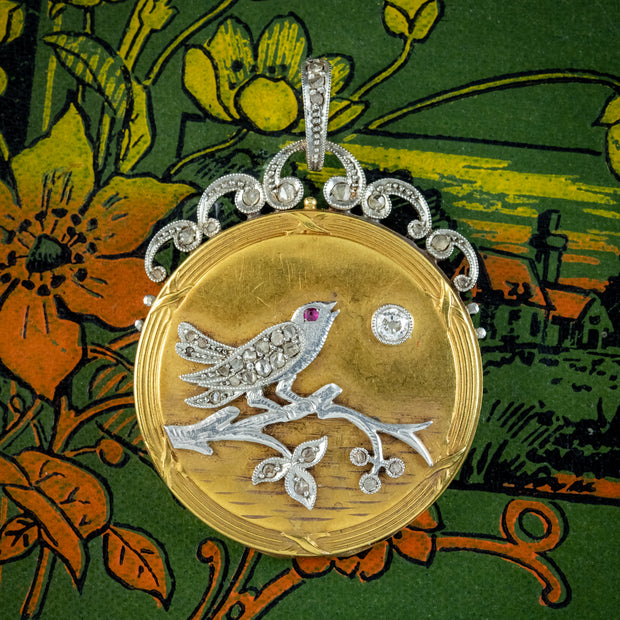 Antique Edwardian French Diamond Bird Locket 18ct Gold Platinum 