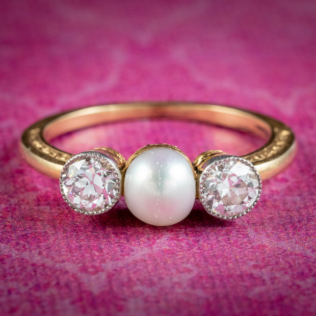 Antique Edwardian French Pearl Diamond Trilogy Ring Circa 1905