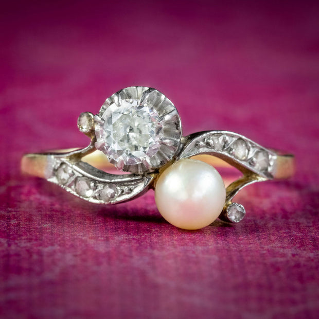 Antique Edwardian French Toi Et Moi Diamond Pearl Ring