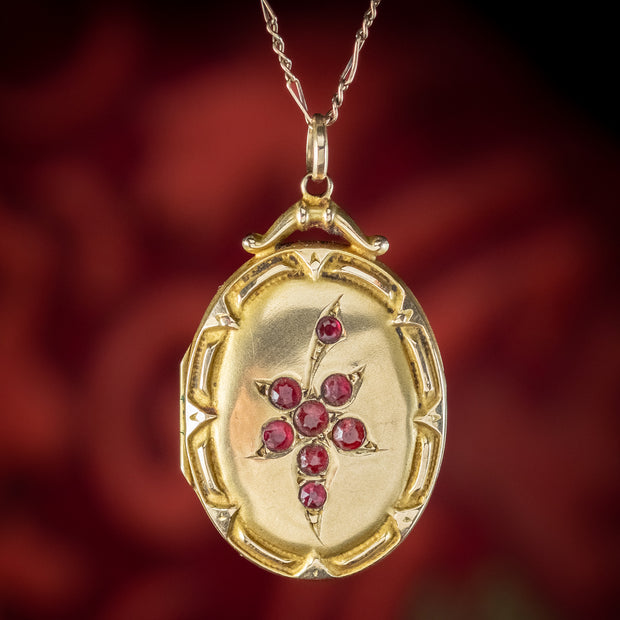 Antique Edwardian Garnet Leaf Locket Necklace 9ct Gold Dated 1914