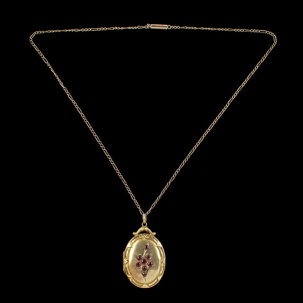 Antique Edwardian Garnet Leaf Locket Necklace 9ct Gold Dated 1914