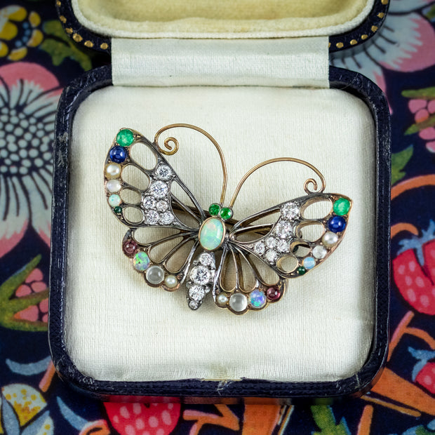 Antique Edwardian Gemstone Butterfly Brooch With Box