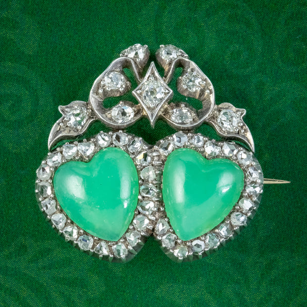 Antique Edwardian Green Chalcedony Diamond Entwined Heart Brooch 