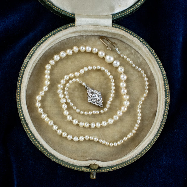 Antique Edwardian Natural Pearl Necklace Diamond Clasp With Box And Cert