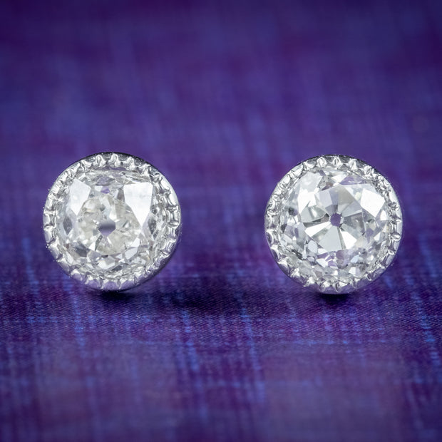 Antique Edwardian Old Cut Diamond Solitaire Stud Earrings Platinum 