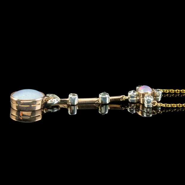 Antique Edwardian Opal Diamond Pendant Necklace 18ct Gold 