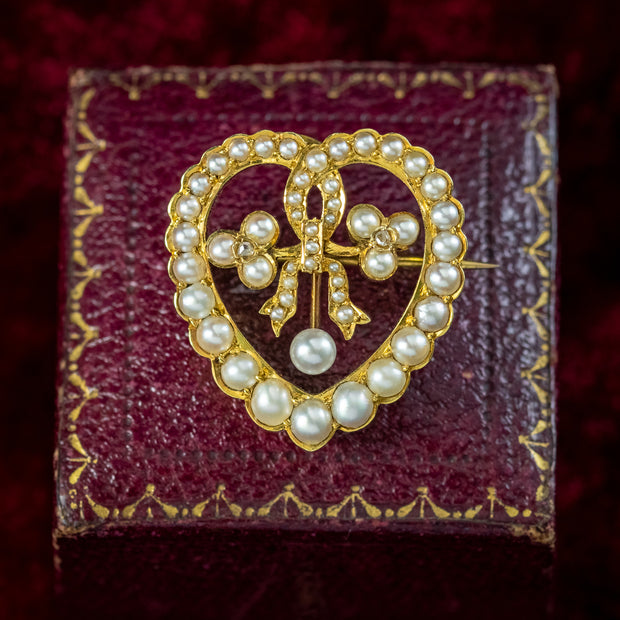 Antique Edwardian Pearl Diamond Heart Brooch 15ct Gold
