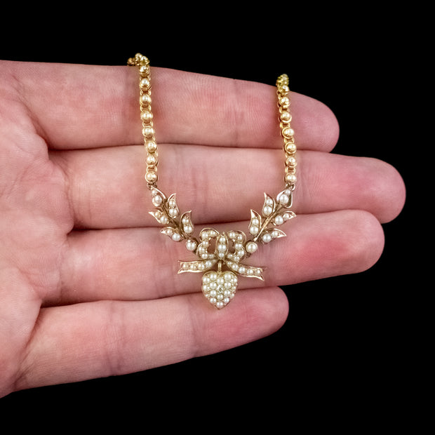 Antique Edwardian Pearl Diamond Heart Swag Necklace 18ct Gold Circa 1905