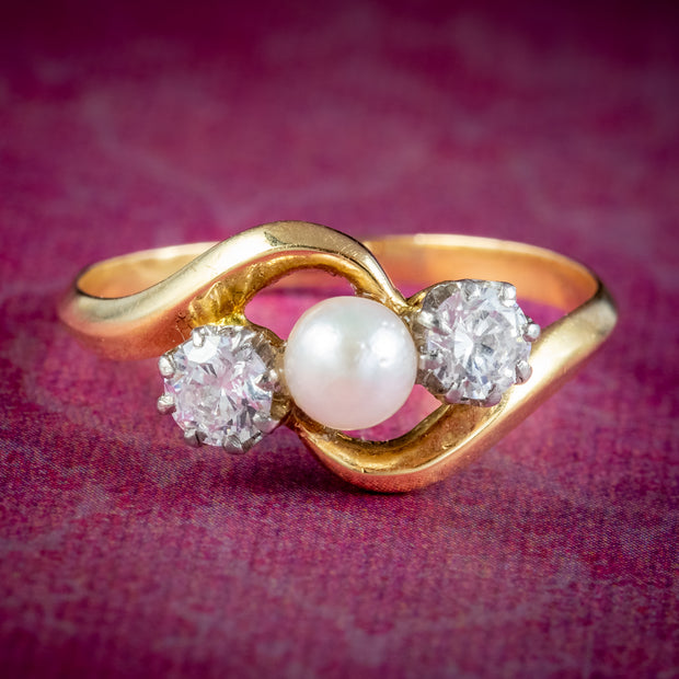 Antique Edwardian Pearl Diamond Trilogy Twist Ring
